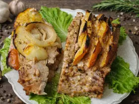 Свинина «Гармошка» с яблоками и хурмой в духовке