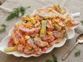Салат с колбасой, кукурузой и овощами