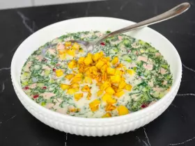 Окрошка на айране с жареной картошкой