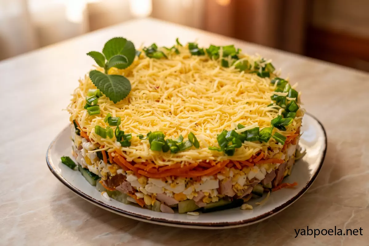 Слоеный салат с копченой курицей, морковью по-корейски и черносливом