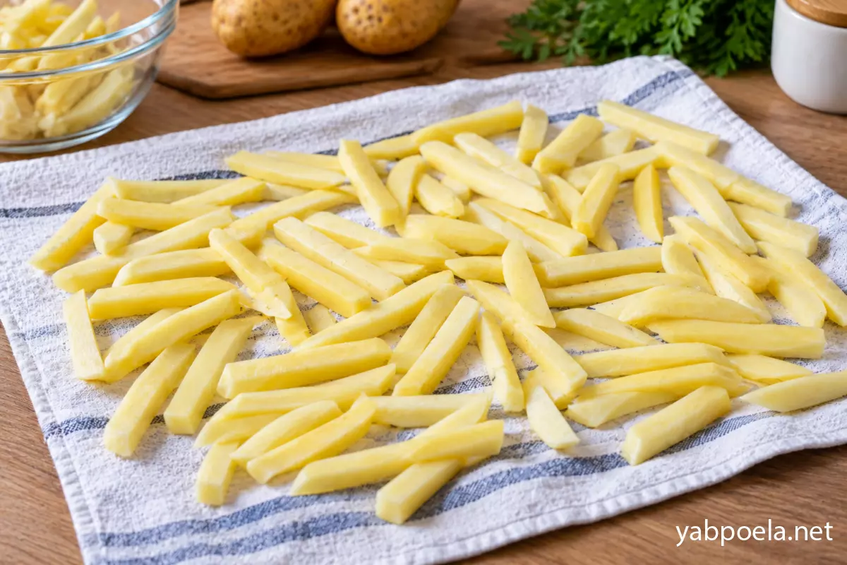 Нарезанный картофель сушится на кухонном полотенце перед жаркой