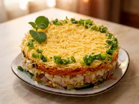 Слоеный салат с копченой курицей, морковью по-корейски и черносливом