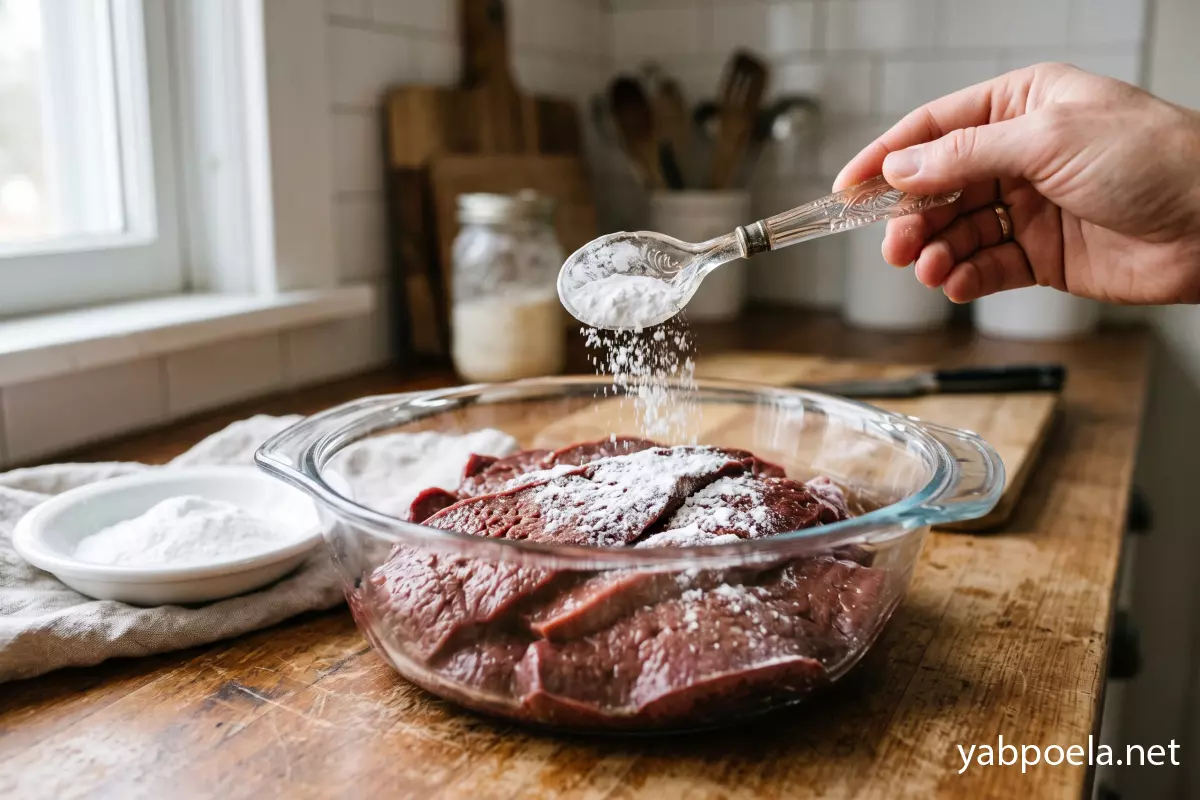 Ложка посыпает содой кусочки сырой печени в стеклянной миске.