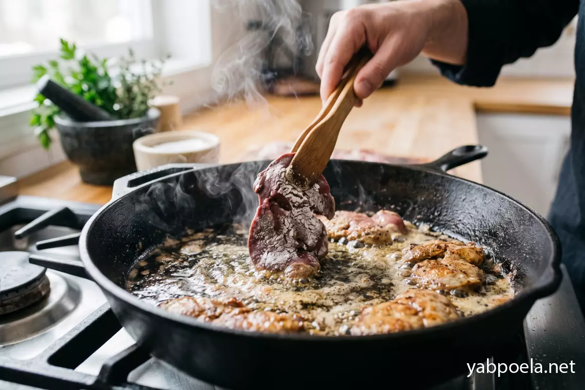 Кусочки печени в муке жарятся на шипящей сковороде.