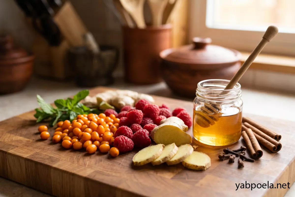 Ингредиенты для натурального чая: ягоды, мед, имбирь